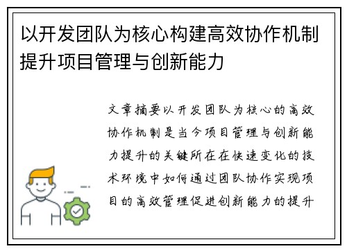 以开发团队为核心构建高效协作机制提升项目管理与创新能力