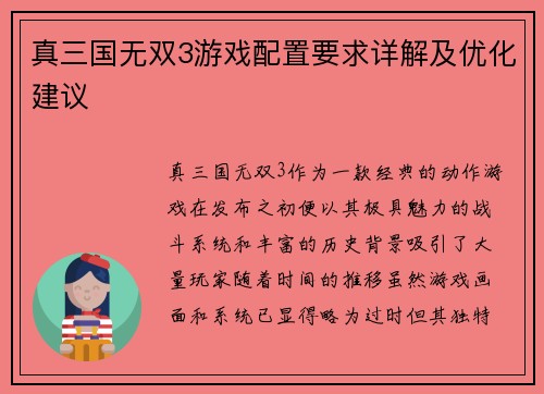 真三国无双3游戏配置要求详解及优化建议